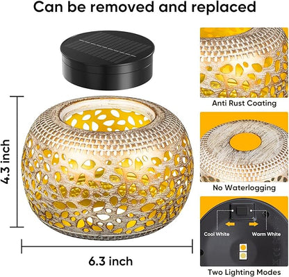 Solar Lanterns Outdoor Waterproof: 2 Pack White Gold Hollow Out Metal Solar Lights - 2 Lighting Colors Outside Patio Garden Yard Porch Tabletop Decorations - Unique Gifts for Women Mom Wife