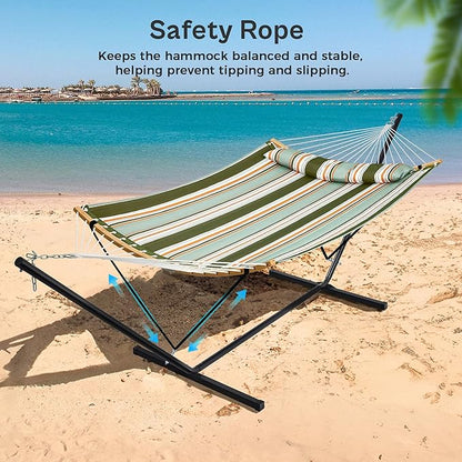SUPERJARE Hammock with Stand, 2 Person Heavy Duty Hammock with Padded Cotton, Detachable Pillow & Strong Curved-Bar & Portable Carrying Bag, Perfect for Outdoor & Indoor, Retro Green