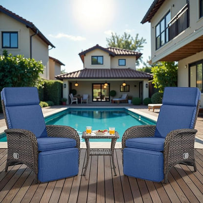Belord Versatile Outdoor Recliner Chair Set of 3 - Reclining Patio Chair with Adjustable Backrest and Footrest, All-Weather Wicker Chaise Lounge Chair Outdoor with Side Table for Pool Deck Brown