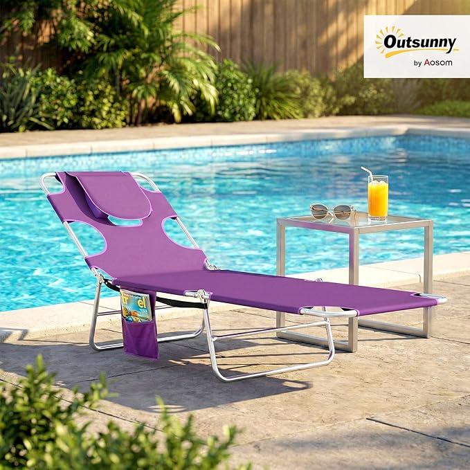 Outsunny Chaise Lounge Chair Outdoor with Face Arm Hole, 5-Position Reclining Face Down Tanning Chair with Carry Strap, Side Pocket, Portable Folding Bed Cot for Patio Beach Pool, Purple