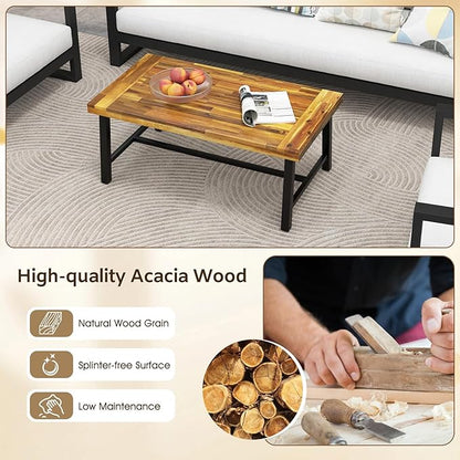 Tangkula Outdoor Acacia Wood Coffee Table, Rectangle Rustic Accent Table with Thickened Top & Heavy-Duty Metal Legs, for Patio, Deck, Garden, Natural