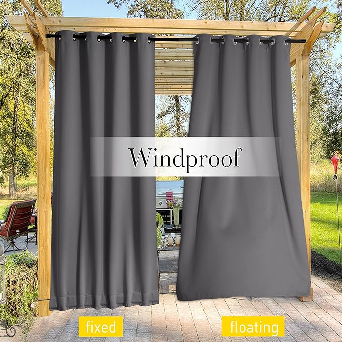 NICETOWN 2 Panels Blackout Outdoor Curtains for Patio Waterproof, Grommet & Back Tab on Top & Bottom Weighted Privacy Light & Sound Reducing for Porch with Bonus Rope for Fixed, Grey, W46 x L63