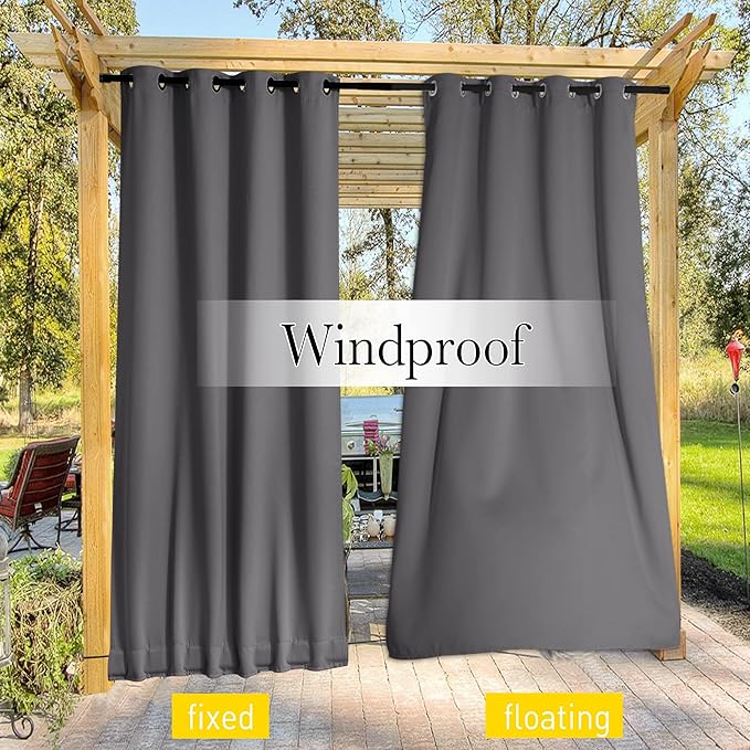 NICETOWN 2 Panels Weighted Outdoor Curtains for Patio Waterproof & Windproof, Grommet & Back Tab on Top & Bottom Privacy Light & Sound Block for Pergola with Bonus Rope for Fixed, Grey, W46 x L72