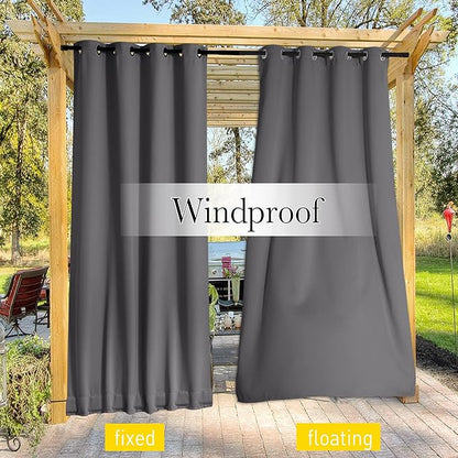 NICETOWN 2 Panels Weighted Blackout Curtains for Patio Waterproof, Top & Bottom Grommet & Back Tab Fixed Outdoor Curtains Windproof Drapes Thermal Insulated for Porch, W84 x L84, Grey