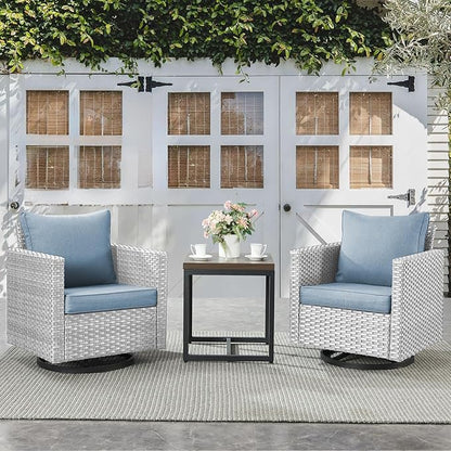 Belord Outdoor Bistro Set 3 Piece Wicker Swivel Rocker Patio Chairs, Oversize Outdoor Rattan Seating Set, Patio Swivel Glider Chairs Wicker Furniture with Metal Side Table for Porch Backyard