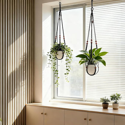 35 Inch Macrame Plant Hanger, Large for up to 15 Inch Pot Extra Long Hanging Planter Holder Basket with Wood Beads for Indoor Outdoor Home Decor (Black, 2-Pack)