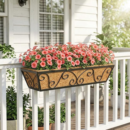 Y&M 24 Inch Window Deck with Coco Liner, Fence Metal Hanging Flower Planter Window Basket Deck Railing Planter Boxes for Outdoor Garden Lawn-Butterfly, 4pcs