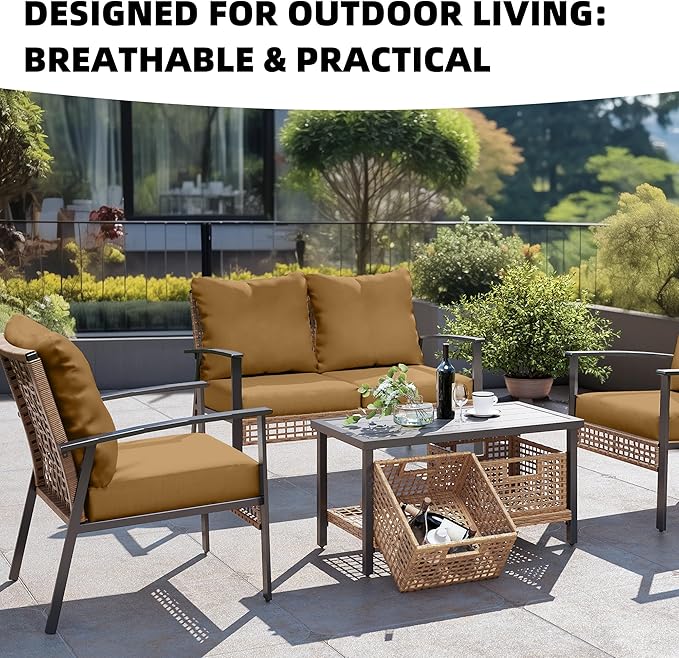 Stretch-Fit Outdoor Cushion Covers in Camel, Set of 8