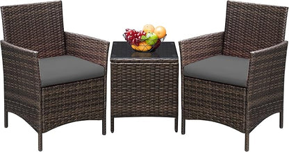 Greesum 3 Pieces Patio Furniture Sets Outdoor PE Rattan Wicker Chairs with Soft Cushion and Glass Coffee Table for Garden Backyard Porch Poolside, Brown and Gray