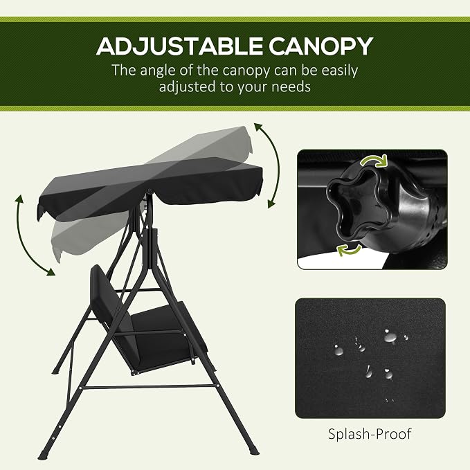Porch Swing with Canopy, 3-Seat Steel Frame, Black