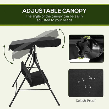 Porch Swing with Canopy, 3-Seat Steel Frame, Black