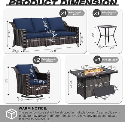 Joyside Wicker Patio Furniture Sets, 5 Pieces Upgraded Large Size Outdoor Furniture with Swivel Rocking Patio Chairs, 3-Seat Sofa, Fire Table, Coffee Table, Thick Cushions, Wide Armrest, Blue