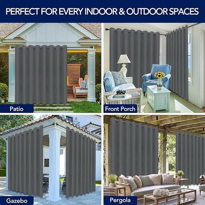PureFit Outdoor Curtains for Patio Waterproof Weatherproof, UV Resistant Outside Curtains for Gazebo, Front Porch, Pergola, Sun Blocking Privacy Curtain, 120W x 108L inch, 1 Panel, Gray