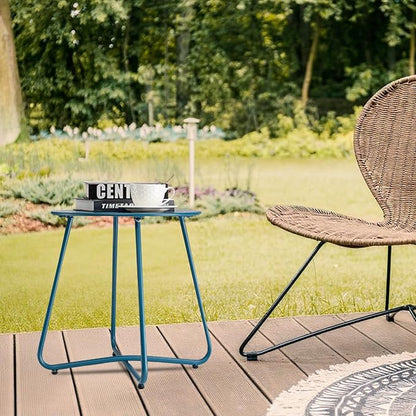 danpinera Outdoor Side Tables with Flower Cut Outs, Weather Resistant Steel Patio Side Table, Small Round Outdoor End Table Metal Side Table for Patio Yard Balcony Garden Navy Blue