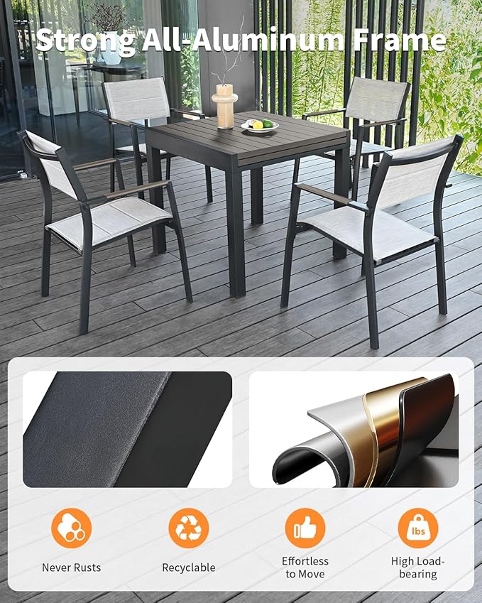 5 Pieces Outdoor Dining Set, Never-Rust Aluminum Expandable Patio Dining Table Set, 32"-65" Extendable Patio Table and Stackable Textilene Dining Chairs for Backyard, Deck, Indoor, Limed Oak