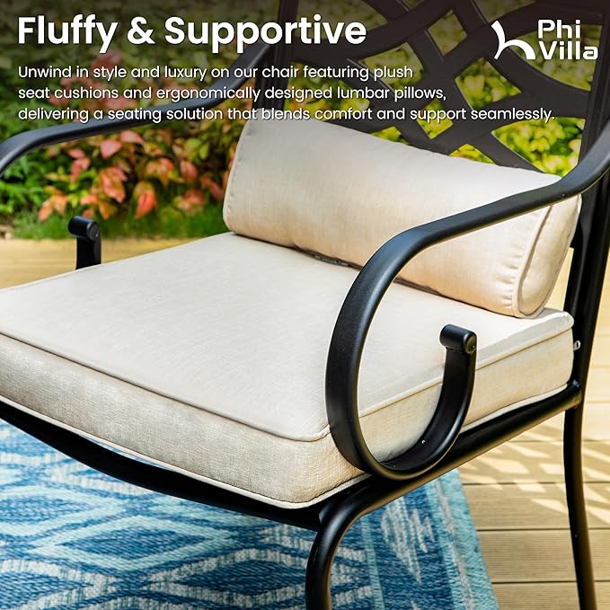 PHI VILLA 5 Pieces Outdoor Dining Set for 4, 42" Square Brown Metal Table & Wrought Iron Swivel Chairs, All Weather Large Outside Furniture with Cushions & Pillows for Patio, Deck, Porch