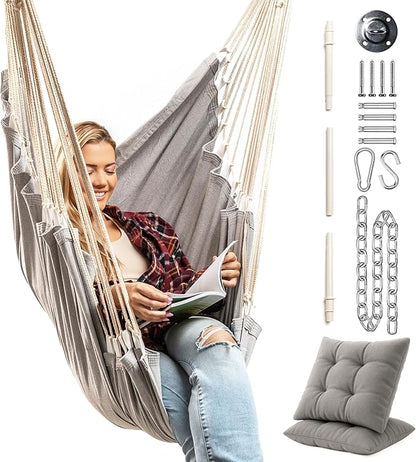 Hanging Hammock Chair Swing – Hanging Chair Outdoor & Indoor - Hammock Swing Chair – Quick & Easy Setup with Hardware Kit – Durable & Spacious Full Body Support with 2 Plush Cushions – Holds 440 Lbs