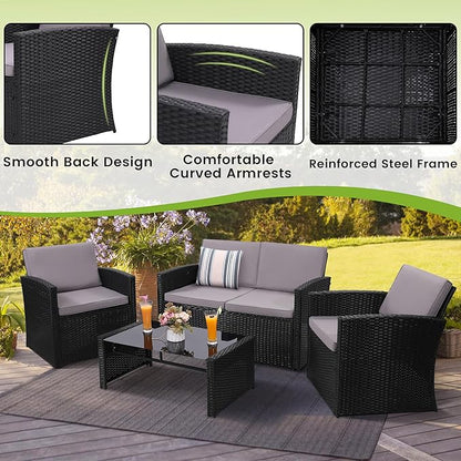 4-Piece Patio Furniture Set, Wicker Outdoor Rattan Sectional Sofa with Cushions and Glass Table, All-Weather Outdoor Conversation Set, Ideal for Garden, Porch, Backyard, Grey