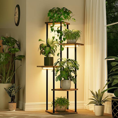 Bamworld Tall Plant Stand Indoor with Grow Light Corner Plant Stand for Indoor Plants 5 Tier Metal Wood Plant Shelf with Grow Lights for Living Room Bedroom Patio Garden Balcony Decor