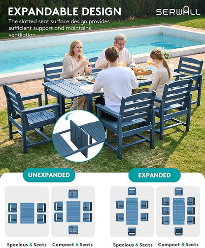 SERWALL 9-Piece Outdoor Dining Set, 60" - 83" Expandable Outdoor Dining Table and 8 HDPE Chairs, All Weather HDPE Outdoor Furniture Set for Backyard, Garden, Blue