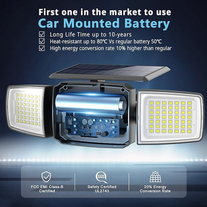 Solar Security Light Outdoor Super Bright LED, Motion Sensor Flood Light, 3 Heads 270° Wide Angle,Remote Control, IP65 Waterproof, 3 Modes (1 Pack)