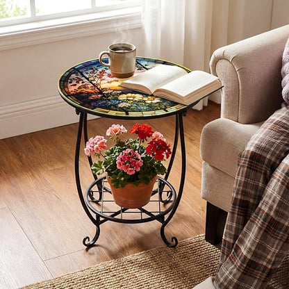 Outdoor Side Table Round Small Mosaic Patio Accent Indoor End Plant Coffee Tea Table for Yard Patio Porch Garden Living Room, Bedroom(Sunset and Flowers,14 Inch)