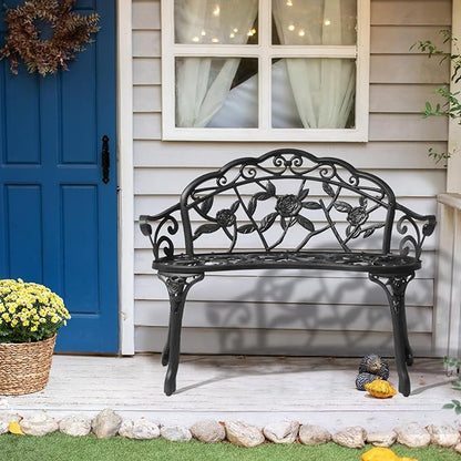 VINGLI 38.5" Patio Park Garden Outdoor Metal Rose Bench, 2-Person Cast Iron Cast Aluminium Frame Antique Finish Chair,Accented Lawn Front Porch Path Yard Decor Deck Furniture (Black, Rose)