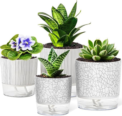 4 Pack Self Watering Pots for Indoor Plants, 4/5.5 Inch Lightweight Planters with Water Reservoir, Flower Pots for African Violet, Spider Plant, Orchid