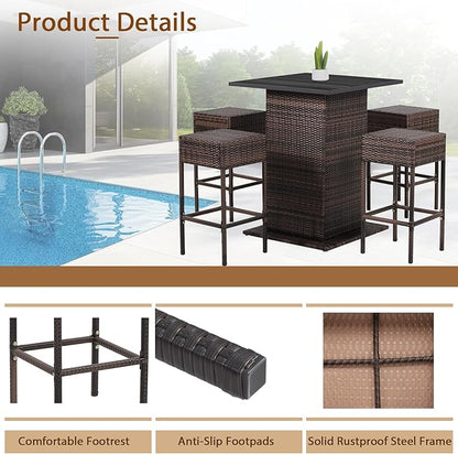 Tangkula 5 Piece Outdoor Rattan Bar Set, Patio Bar Furniture with 4 Cushions Stools and Smooth Top Table with Hidden Storage Shelf, Outdoor Conversation Set for Poolside, Backyard, Lawn