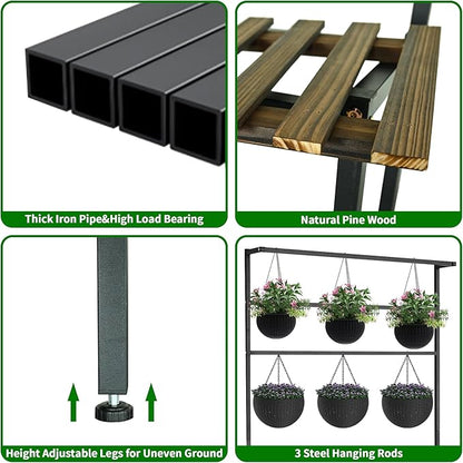 Large Plant Stand Indoor Outdoor, 3 Tier Heavy Duty Hanging Plant Stand with Bar, 60 Inch Tall Metal & Wood Ladder Shape Plant Shelf, Black Plant Display Rack Plant Shelves for Garden Patio Balcony