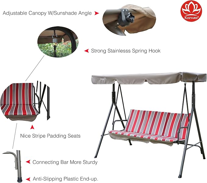 Porch Swing, 3-Seat with Adjustable Canopy, Removable Cushions, Red Stripe