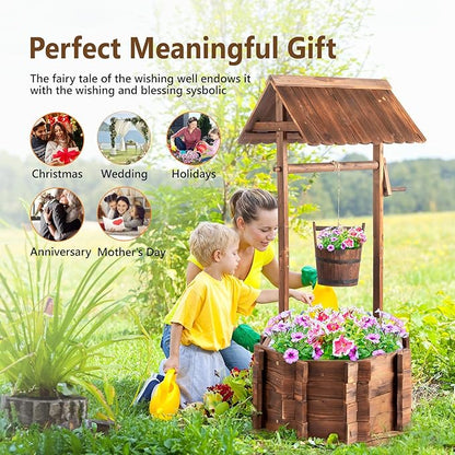 VINGLI Wooden Wishing Well Outdoor Planters, Well Covers for Yard with 4 Reinforced Rods, Height Adjustable Hanging Bucket, Rustic Flower Pot Home Decor for Outside Patio Garden
