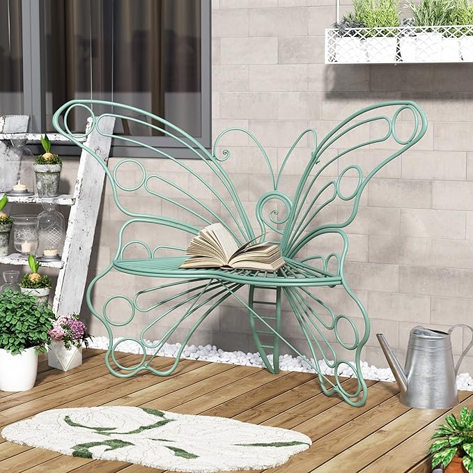 50 Inches Outdoor Bench, Garden Bench with Sturdy Iron Metal Frame, Pretty Butterfly Bench Front Porch Bench for Porch,Lawn,Garden,Yard