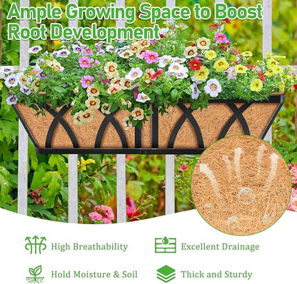 Riare 2 Pack 24 Inch Metal Railing Planter Window Box with Coco Liner- Adjustable Window Flower Boxes for Railings, Hanging Rail Planters for Deck, Balcony, Porch, Fence, Indoor Outdoor Plants