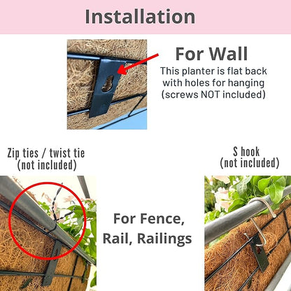 LaLaGreen Wall Mounted Planters - 16 Inch, 4 Pack Window Flower Boxes Basket Outdoor, Balcony Planter Over The Rail, Deck Railing Hanging with Coco Liners, Metal Horse Troughs Fence Patio Porch