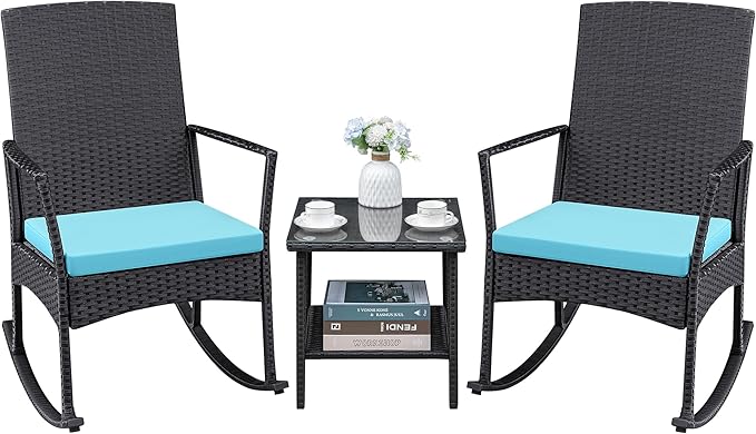 Conversation Set, 3-Piece Wicker Rocking Chairs with Coffee Table, Blue