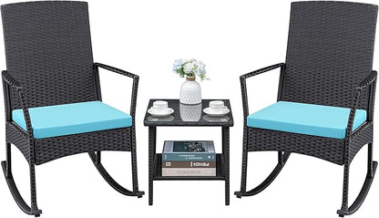 Conversation Set, 3-Piece Wicker Rocking Chairs with Coffee Table, Blue