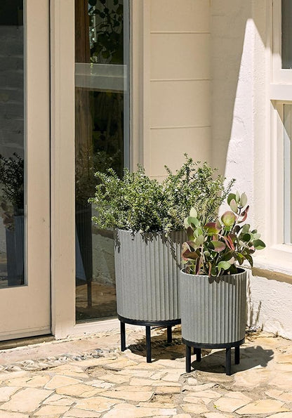 Veradek Demi Series Round Planter w/Stand for Porch/Patio | Durable Plastic-Stone Composite & Wooden Stand | Modern Décor for Tall Plants, Flowers