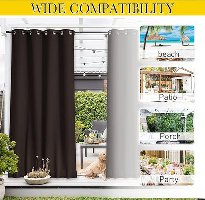 NICETOWN 2 Panels Outdoor Curtains for Patio Waterproof & Windproof, Extra Wide Grommet & Back Tab on Top & Bottom Thermal Insulated Sun Blocking Drapes with Rope for Deck, Toffee Brown, W100 x L95