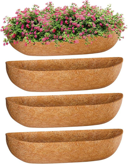 ZeeDix 24 Inch Trough Coconut Liners for Planters (4-Pack) - 100% Natural Coconut Coir Fiber Planter Liners Replacement for Window Boxes, Wall Baskets, Deck Flower Boxes, Garden Railing Fence Troughs