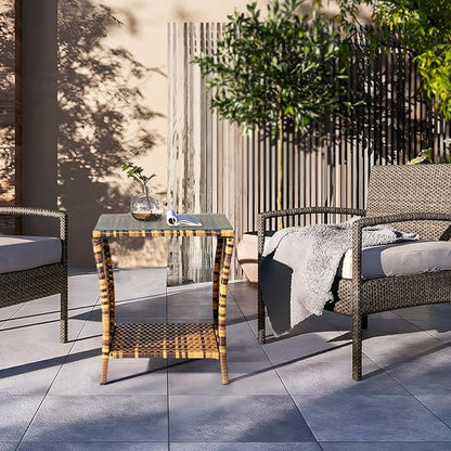 VINGLI Outdoor Wicker Side Table Patio Side Tables for Outside, Tempered Glass Top Wicker Table with Storage End Table for Balcony Porch Deck (Natural)