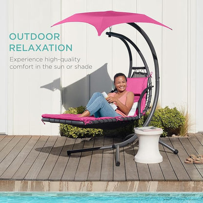 Best Choice Products Outdoor Hanging Curved Steel Chaise Lounge Chair Swing w/Built-in Pillow and Removable Canopy - Pink
