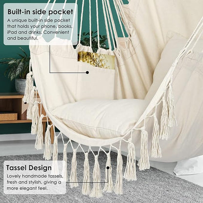 Y- STOP Hammock Chair Hanging Rope Swing, Max 500 Lbs, 2 Cushions Included, Large Macrame Hanging Chair with Pocket for Superior Comfort, with Hardware Kit (Beige)