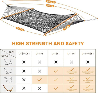 Lazy Daze Hammocks Double Rope Hammock, 2 Person Traditional Outdoor Hand Woven Cotton Rope Hammock with Spreader Bar, Carabiners, Tree Straps, Chains for Patio Yard - Max 450 Lbs, Dark Grey