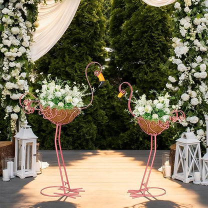 Set of 2 Pink Flamingo Outdoor Planters with Basket, Metal Flamingo Planter for Indoor Outdoor Garden Yard Decor
