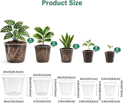 20 Pack 8/6/5/4/3.5 Inch Reinforced Large Clear Nursery Pots with Drainage Hole, Transparent Variety Pack Plastic Plant Pot for Vegetable Propagation, Root Cutting, Seed Starting
