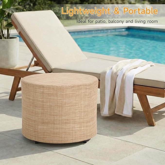 ONBRILL Outdoor Round Ottoman, All Weather Outdoor Footstool with Supportive Textliene, Patio Footrest with Sturdy Metal Frame, Multipurpose Outdoor Furniture for Patio, Balcony, Pool, Indoor, Beige
