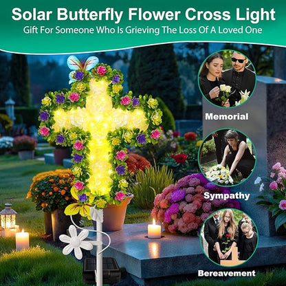 2 Pack Solar Flower Cross for Cemetery Grave, Grave Decorations for Cemetery Solar Crosses, Sympathy Memorial Gifts, for Garden Lawn Yard Patio Decor