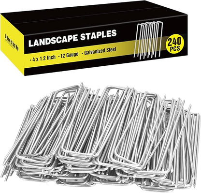 HongWay 240 Pack 4 Inch Landscape Staples, Garden Staples 12 Gauge Galvanized Ground Stakes Lawn Yard Staples SOD U-Shaped Pins for Landscaping Fabric, Irrigation Tubing Hose