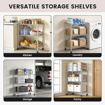 Xcity Storage Shelves, 3 Tier Heavy Duty Metal Shelving Unit with Wheels, 1050 LBS Capacity Adjustable Steel Wire Shelf Organizer for Pantry, Kitchen, Garage, 14" D x 24" W x 30" H, Chrome